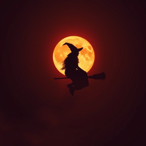Double exposure, a silouette of a witch on a broomstick centered in the middle of an blood orange full moon.  Any suggestions on getting a good image of a witch on a broomstick centered in the middle of an blood orange full moon.  I tried different generators and changed the wording around.