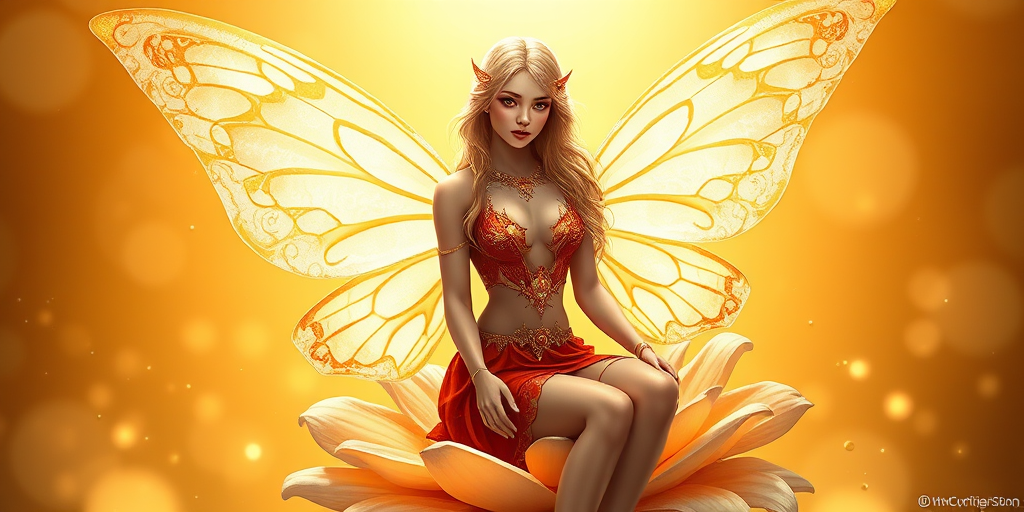 A digital artwork features a winged fairy with delicate Ivory butterfly wings, adorned with intricate Ochre and Spring patterns. She is seated on a vibrant Cream flower, wearing a revealing red two-piece outfit with sparkling beadwork. Her fair skin, long blonde hair, and gold jewelry add to her ethereal appearance. The background is a warm, golden gradient, creating a magical atmosphere. Small glowing orbs and sparkles surround the flower, enhancing the enchanting, highly detailed, and realistic scene.