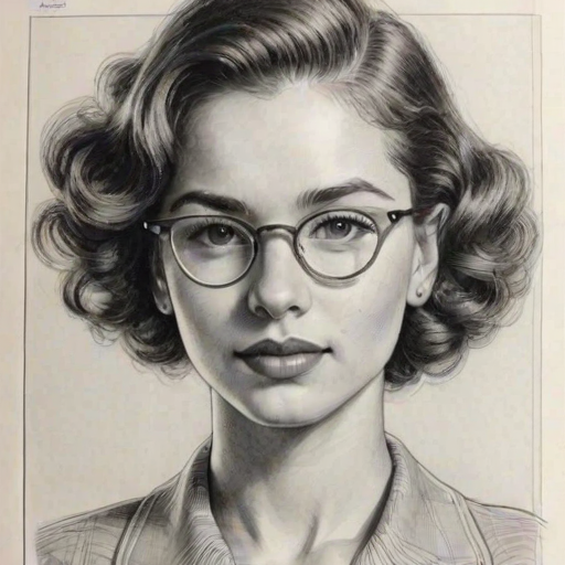 Enchanting Sofia Wylie, pencil sketch, portrait of Delightful woman 1937s in glasses, hair style beatnik, outline, clear lines, fine lines, 8k