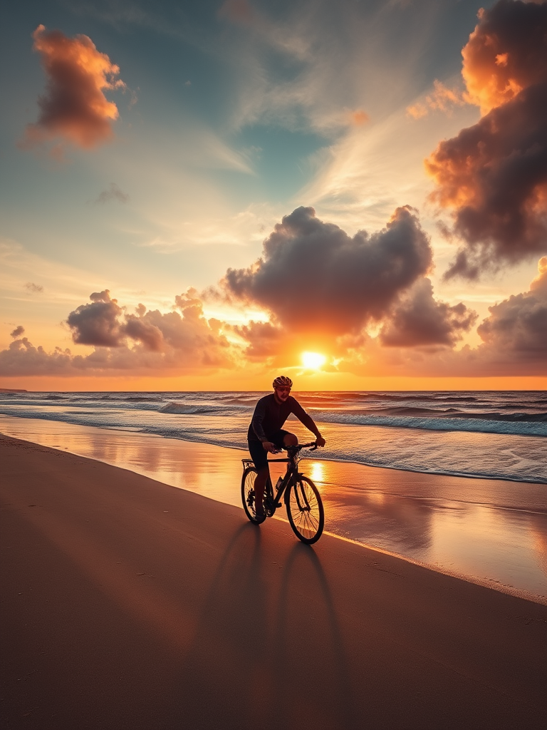 a lone cyclist riding along a sandy beach at sunset, soft waves in the background, dramatic clouds in the sky, DSLR camera, f/8 aperture, 1/200s shutter speed, ISO 100, wide-angle lens, golden hour lighting