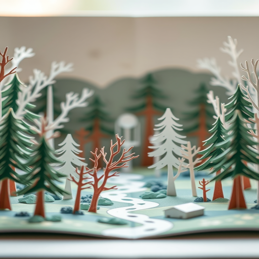 Create a highly detailed, high-resolution image of a pop-up paper art forest scene with intricate trees and a serene background, shot with a DSLR camera at f/2.8 aperture, ISO 100, 1/125 sec, using a macro lens for sharp focus on the paper details, in natural soft lighting to enhance textures.