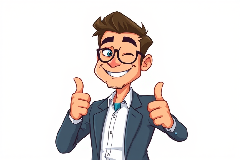 create a cartoon-style illustration of a confident businessman winking and giving a thumbs up, with vibrant colors, using a Canon EOS R5 camera with a 50mm lens, aperture set to f/2.8, ISO 100, and a bright, well-lit background for enhanced image quality.