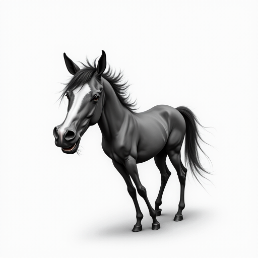 Abstract black and white acrylic portrait of an over exaggerated laughing (horse). Minimalism style. White background.