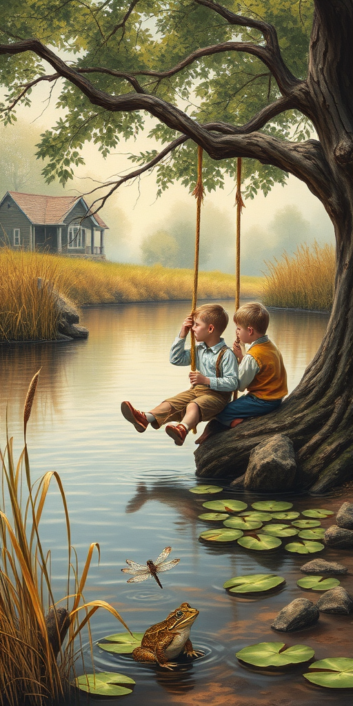 Imagine a small group of old fashioned young boys out fishing by the creek, a swing hanging from a tree branch, reeds and grasses by the water's edge, a frog sitting on a lily pad, dragonflies hovering over som water plans, a very iconic old fashioned scene reminiscent of a Norman Rockwell painting style