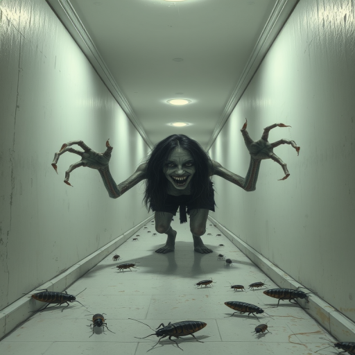 a crooked female with long arms and a creepy smile is crawling along a long white corridor and you can also see cockroaches in it there is a creepy atmosphere creepy art style