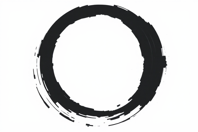 Create an abstract black circle on a white background, using a high-resolution DSLR camera with a 50mm lens, aperture set to f/1.8, ISO 100, shooting from a centered perspective for sharp detail and vibrant contrast.