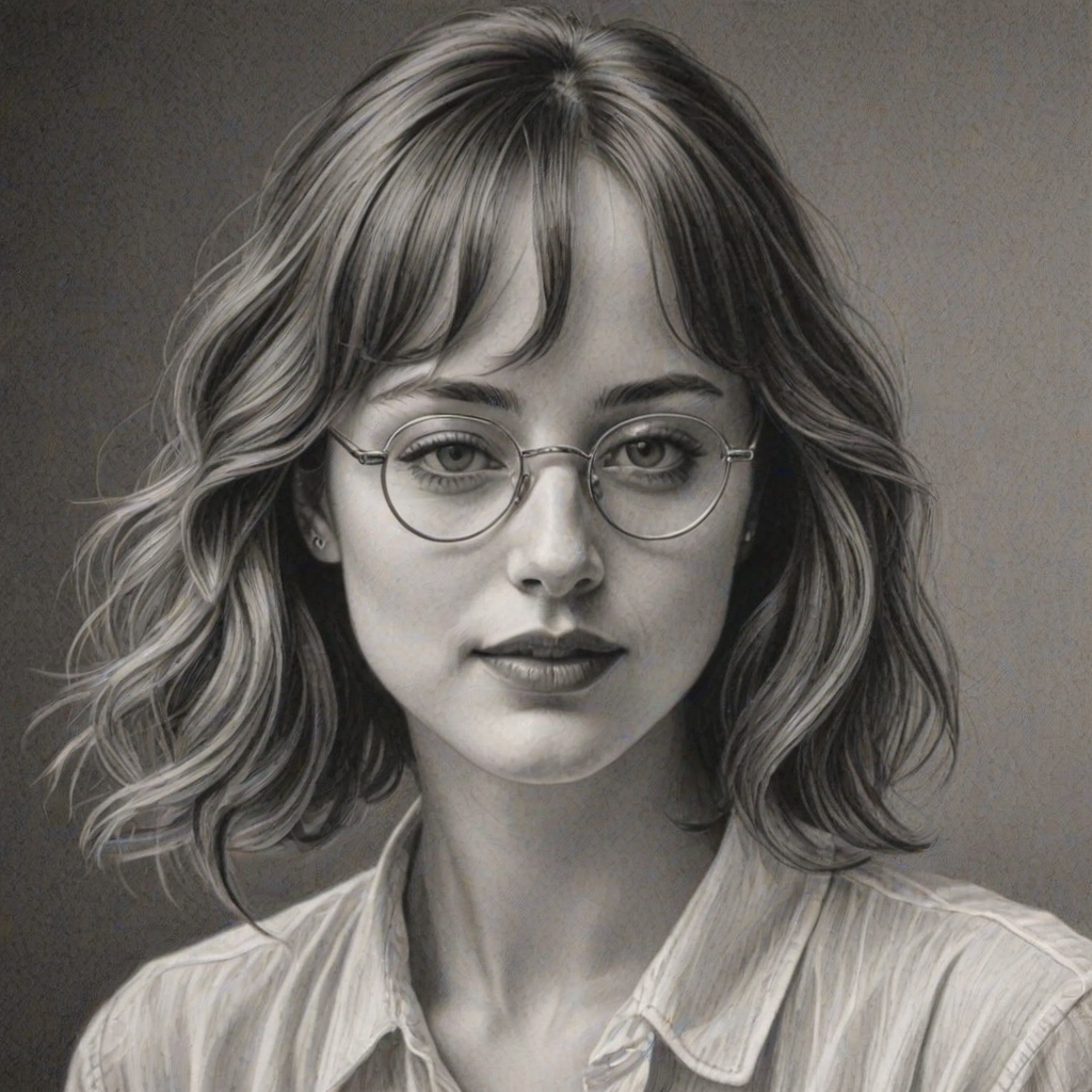 Enticing Dakota Johnson, pencil sketch, portrait of Alluring woman 1930s in glasses, hair style beatnik, outline, clear lines, fine lines, 8k