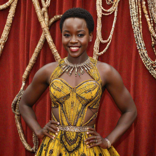 Captivating image of Lupita Nyong'o, star of "12 Years a Slave" and "Black Panther," featuring her radiant smile, flawless skin, and short natural hair, adorned with intricate beaded jewelry, wearing a vibrant yellow dress with African-inspired patterns, standing on a red carpet.