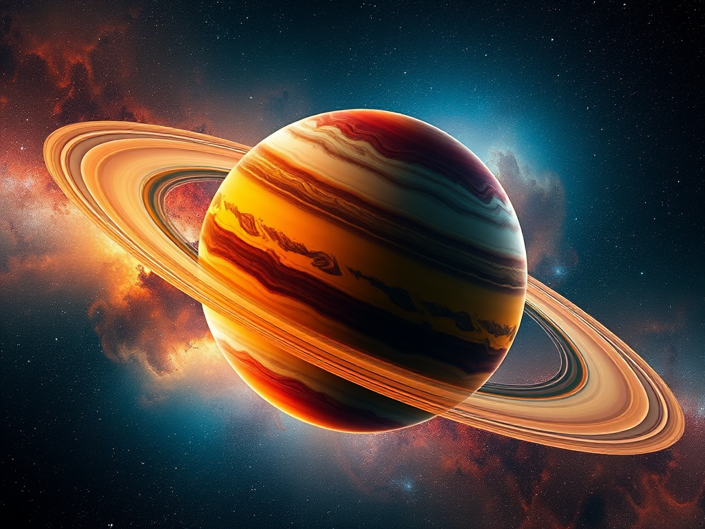 Generate a highly detailed and vibrant image of a colorful gas giant planet with intricate rings and swirling clouds, set in a cosmic background filled with stars and nebulae, captured with a DSLR camera, using a wide-angle lens at f/8, ISO 100, and a shutter speed of 1/250s.