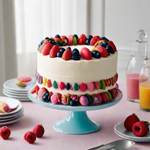 Create an elegant cake with a smooth white frosting, adorned with an assortment of colorful flowers and berries on top. Include decorative elements like chocolate shards or colored accents. Place the cake on a white pedestal stand. Surround the cake with a variety of desserts, including pink donuts and dark blue macarons, arranged artistically on a plate.