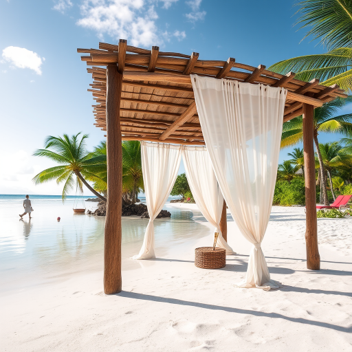 Create a picturesque tropical beach scene featuring a serene, white sandy shore. In the foreground, there's a rustic wooden canopy with white drapes gently flowing in the breeze. Underneath the canopy, a table is set with tropical decor, evoking a sense of relaxation and leisure. The beach extends into a calm, shallow water area with reflections of the sky and surroundings. Palm trees and lush greenery line the edge of the beach, providing a natural, tropical backdrop. The sky is clear with a few scattered clouds, and the overall atmosphere is tranquil and inviting, perfect for a peaceful retreat.