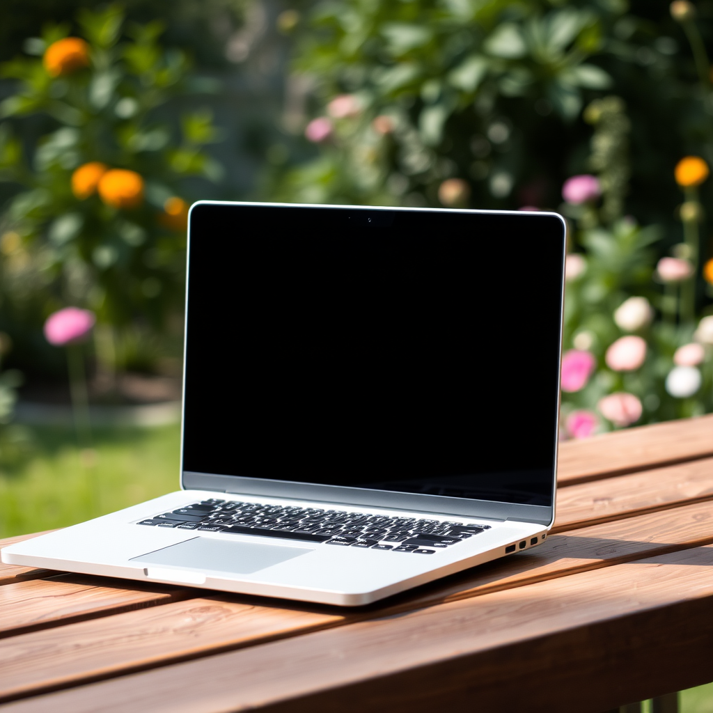 Create a high-resolution image of an open laptop on a wooden table outdoors, with a blurred background of greenery and flowers, using a DSLR camera at f/2.8 aperture, 50mm lens, 1/200 sec shutter speed, and ISO 100 for crisp details and vibrant colors.