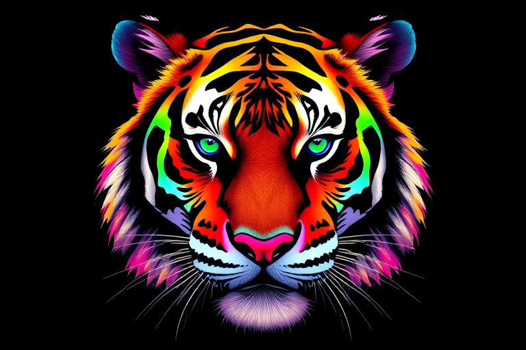 Create a vibrant, colorful digital illustration of a tiger's face with a black background, using high saturation and vector art style, captured with a Canon EOS R5 at f/2.8, ISO 100, 50mm lens, 1/125s shutter speed, ensuring sharp focus and vivid colors.