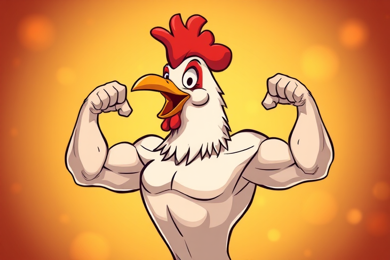 Create a cartoon-style illustration of a muscular chicken flexing its biceps with a shiny background, using a DSLR camera with a 50mm lens at f/2.8, ISO 100, and a soft focus effect for enhanced depth.