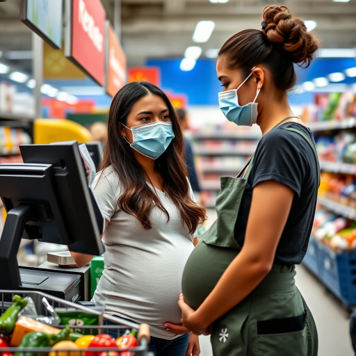 young pregnant woman as a walmart cashier ringing up someone's groceries she works there. shes wearing a surgical mask