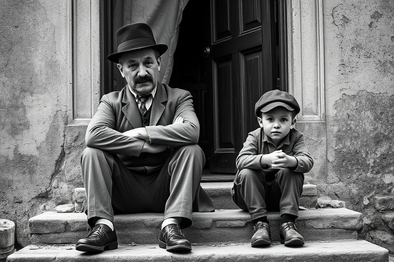 A black-and-white photograph of a man and a child sitting on steps in front of a doorway. The man is dressed as a tramp with a bowler hat, mustache, and ragged clothes, reminiscent of Charlie Chaplin's iconic look. He is sitting with his arms crossed and an expression of slight sadness or frustration. Next to him is a young boy, also in worn clothes and a cap, sitting with his hands clasped, looking thoughtful. The background is an old, textured wall and a partially open door, creating a vintage, early 20th-century atmosphere.