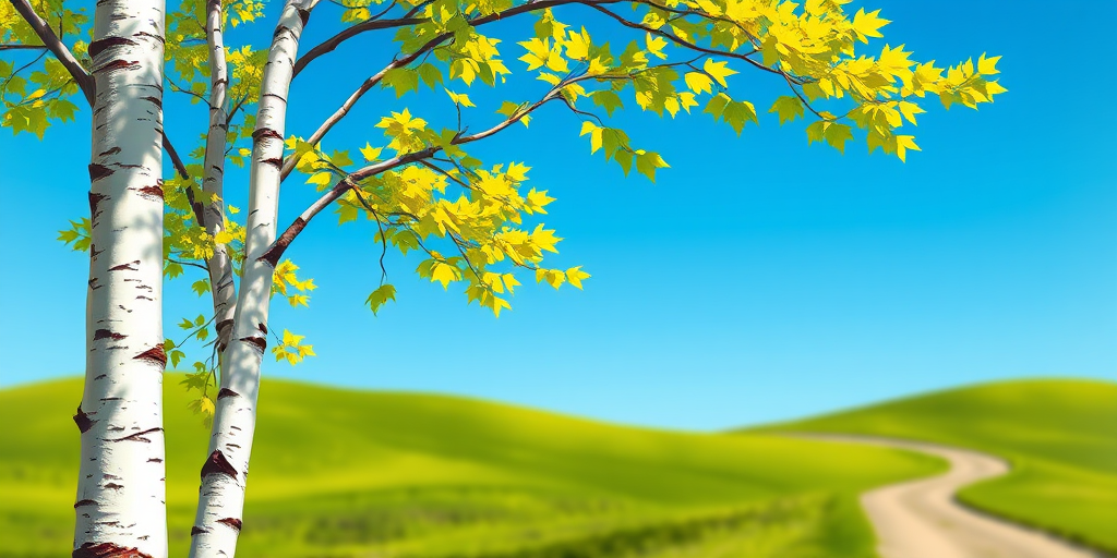 Create a high-resolution illustration of a slender birch tree with white bark and vibrant green and yellow leaves swaying in the wind, set against a clear blue sky, with a soft-focus background featuring rolling green hills and a winding path, using a digital painting style that emphasizes color contrast and detail, with a focus on bright, vivid colors and smooth lines.