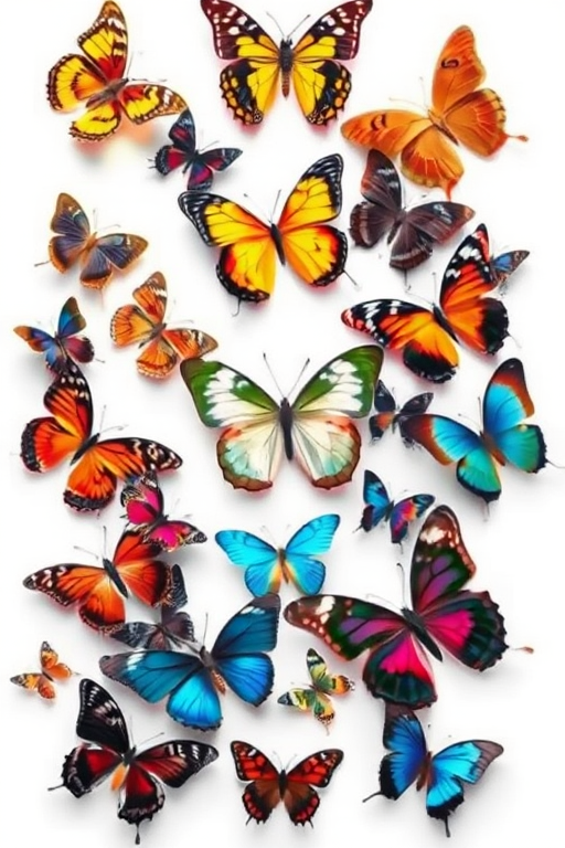 Generate an intricate collection of realistic butterflies in various positions and colors, shot with a DSLR camera at 50mm focal length, aperture set to f/2.8 for depth of field, 1/200 sec shutter speed for sharpness, against a plain white background to enhance the vibrant colors and details of the wings.