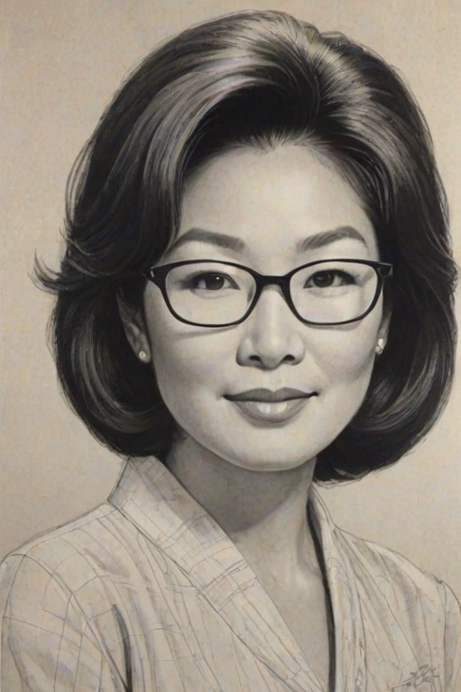 Enticing Connie Chung, pencil sketch, portrait of Beauteous woman 1959s in glasses, hair style beatnik, outline, clear lines, fine lines, 8k