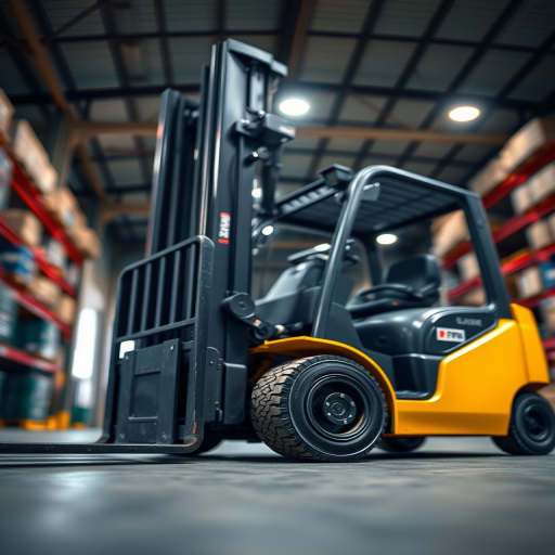 a high-resolution image of a forklift captured from a low angle view, using a DSLR camera with a 50mm lens, aperture set to f/2.8 for a shallow depth of field, ISO 100 for optimal light quality, and a soft focus background to highlight the foreground subject