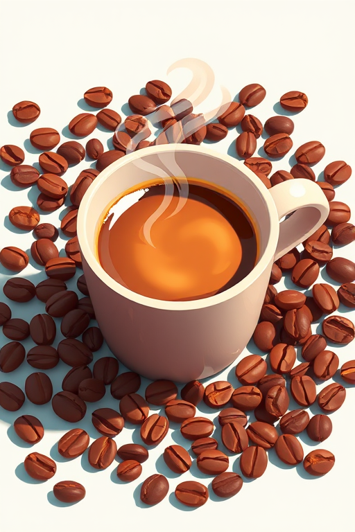 Generate a high-resolution illustration of a coffee cup with steaming coffee, surrounded by coffee beans, in a flat design style; camera settings: f/8, ISO 100, 1/125s; camera view: top-down angle; camera style: vibrant colors; camera type: digital illustration.