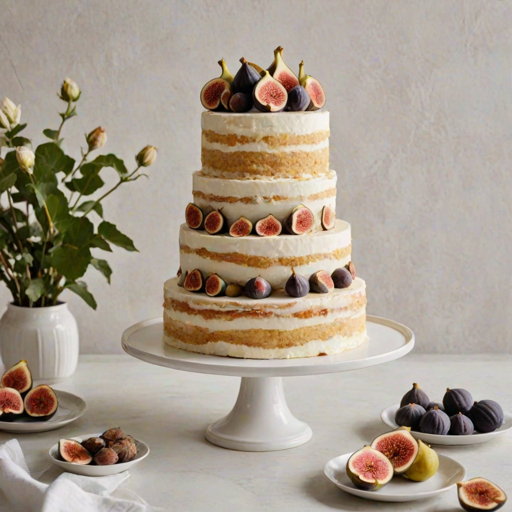 Create an image of a layered cake on a white cake stand. The cake should have a smooth frosting, showcasing layers of yellow cake and a light filling, topped with fresh figs. The background should feature a soft, patterned design in warm colors. The scene should convey a sense of elegance and sweetness.