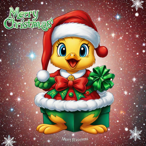 Merry Christmas” cosmic star art tweety bird wearing a Christmas hat and Santa jacket holding gift with a big bow tweety bird is extremely detailed and vibrant behind her is star cosmic design on white background that’s all Christmas colors red green white the words “MERRY CHRISTMAS” is written at the bottom in red electric font outline in black 3000dpi 32k