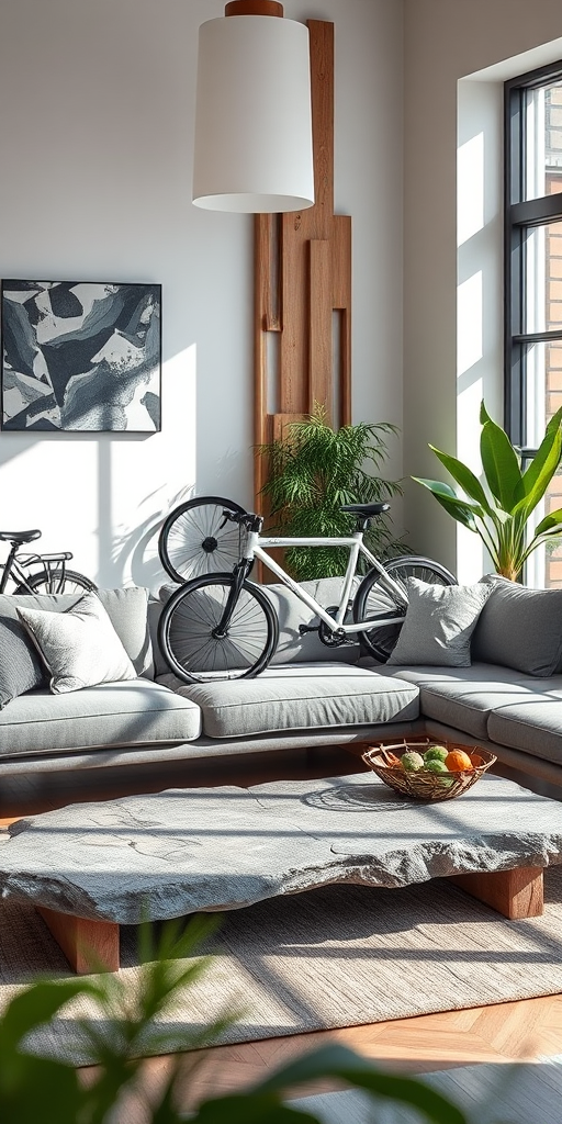 Create a bright and modern interior living room scene with a stylish gray sofa, two bicycles, a large stone coffee table, wooden wall accents, and indoor plants, using a Canon EOS R5 camera at 24mm, f/4 aperture, ISO 100, natural lighting, and shallow depth of field to enhance image quality.
