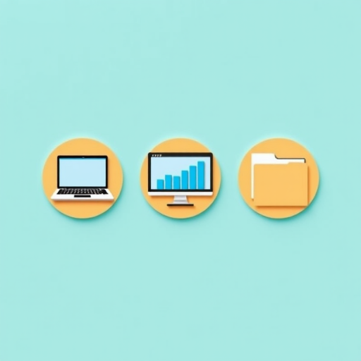 Create an image of three circular icons representing a laptop, a graph monitor, and a folder on a light turquoise background, using a DSLR camera with a 50mm lens at f/2.8, 1/100s shutter speed, and ISO 200 for sharpness and vivid colors, in a clean, modern, flat design style.