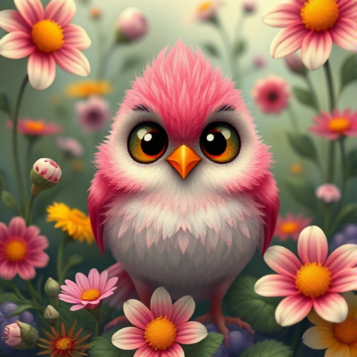Create a whimsical illustration of a cute, oversized-eyed bird with vibrant pink feathers surrounded by colorful flowers and intricate foliage, shot with a Canon EOS R5 at f/2.8, 1/125 sec, ISO 100, in a macro style to capture fine details and enhance vibrant colors.