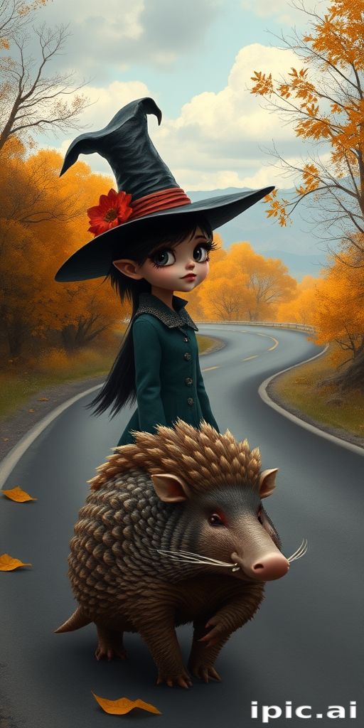 digital art fantasy depicting a strange girl with black hair, long eyelashes, orange lipstick and a tall hat walking along a winding road on an autumn afternoon, an armadillo smiles as he passes