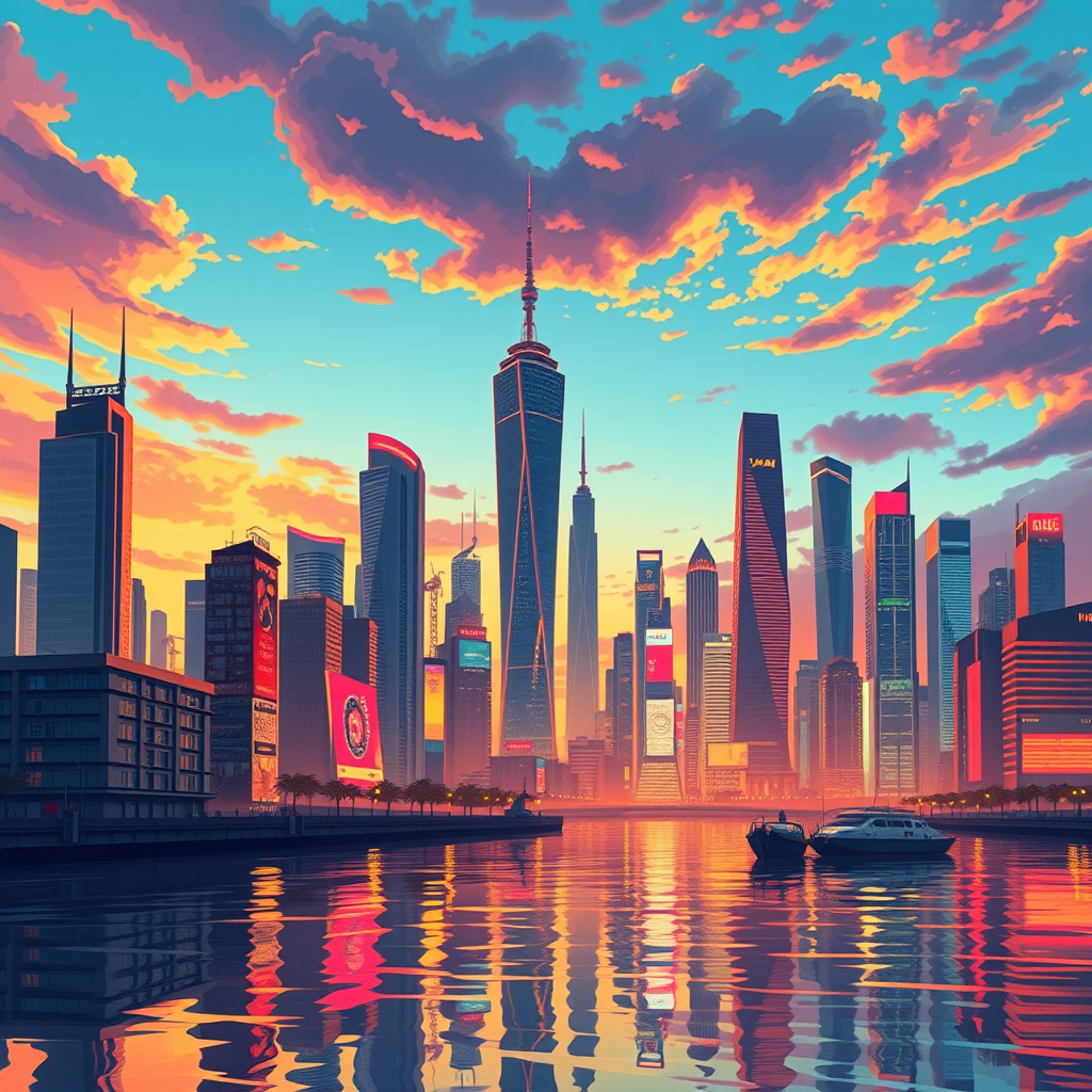 Create a vibrant and detailed illustration of a futuristic city skyline at sunset, with tall skyscrapers and neon lights reflecting on water, using a DSLR camera with a 50mm lens at f/1.8, ISO 100, and a slow shutter speed of 1/30 seconds, captured in a wide-angle view for depth and clarity.
