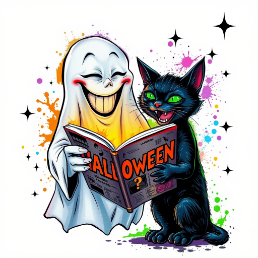 Image of a ghost and a black cat laughing exaggeratedly , and reading a comic halloween comic book, alcohol ink airbrush style, funny halloween theme, white background with neon purple, neon orange, neon green splash, black sparkles stars , dazzling BG