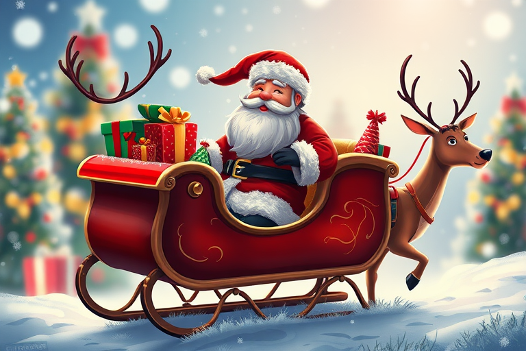 Create a high-resolution digital illustration of Santa Claus riding in a sled pulled by a reindeer, festive presents stacked in the sled, well-lit with a cheerful background, using a DSLR camera with a 50mm lens at f/1.8, ISO 100, shutter speed 1/200s, slight bokeh effect for depth, vibrant colors and clear outlines.