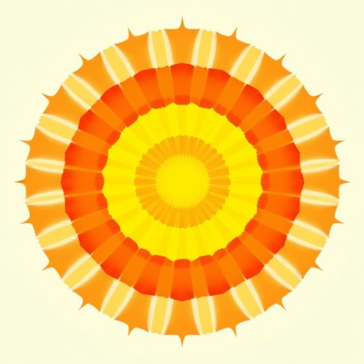 Create a vibrant radial design with a central bright yellow starburst surrounded by concentric circles varying from yellow to orange to red, using a DSLR camera with a 50mm lens, aperture set to f/8, ISO 100, and a soft focus effect for a smooth background.