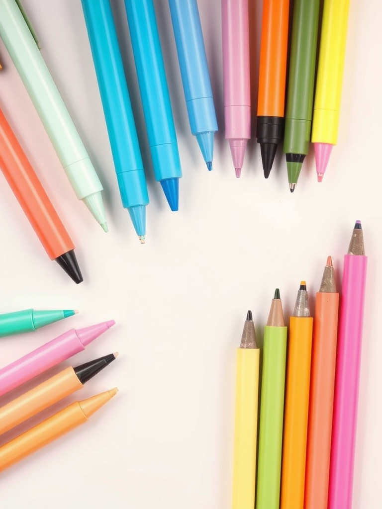 regenerate the image of pens and highlighters in pastel colors arranged horizontally on a light background with a shallow depth of field, using a DSLR camera, aperture f/4, ISO 100, 50mm lens, soft natural lighting, top-down view