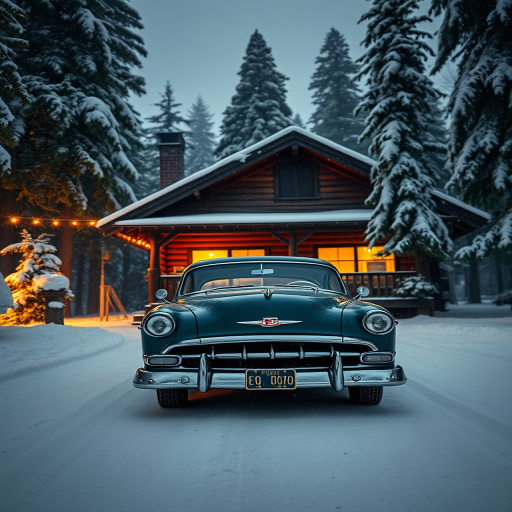 A vintage 1950s car parked in front of a cozy wooden cabin surrounded by a snowy forest at dusk, soft warm lights glowing from the windows, heavy snowfall, shot with a Canon EOS R5 at f/2.8, ISO 100, 24mm lens, wide-angle view, low angle, natural lighting with a hint of artificial light, HDR for enhanced contrast and detail.