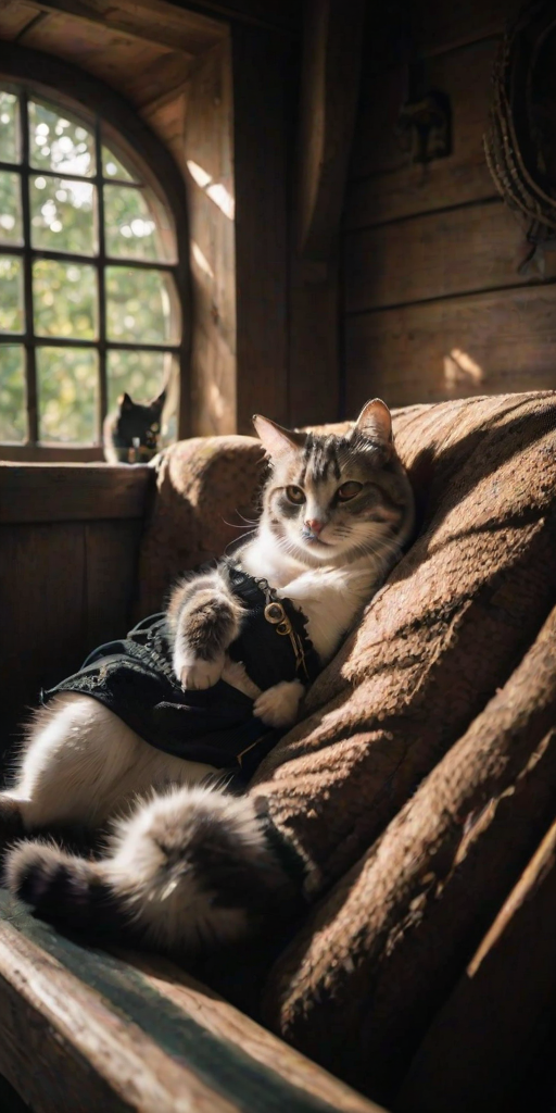 solo, furry, cat, hybrid, curvy, laying in a sofa, tree house, sunny, medieval fantasy, wearing dress, low light, depth of field, highly detailed, high contrast, film grain, Rim Lighting, Long Exposure, DSLR