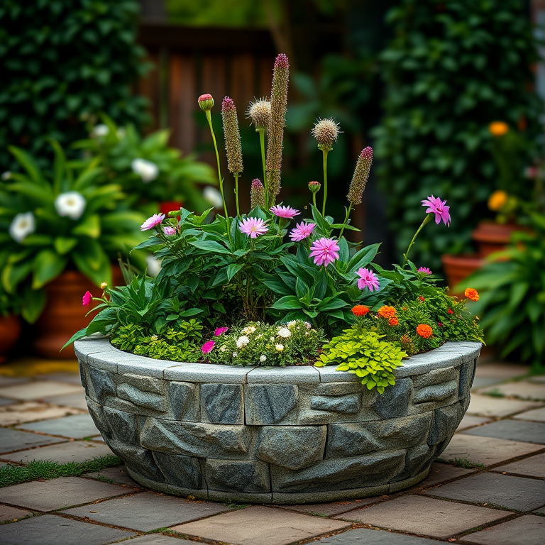 Create a well-lit outdoor scene of a circular stone planter filled with lush plants and flowers, using a DSLR camera with a 50mm lens, aperture f/2.8, ISO 200, and a shallow depth of field for a soft background blur.