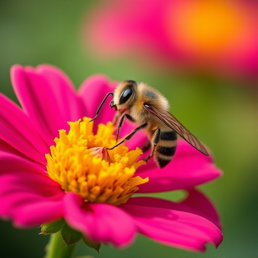 Close-up of a bee on a vibrant flower, shallow depth of field, soft bokeh background, Canon EOS 5D Mark IV, 100mm macro lens, f/2.8, ISO 100, 1/250s, natural light.