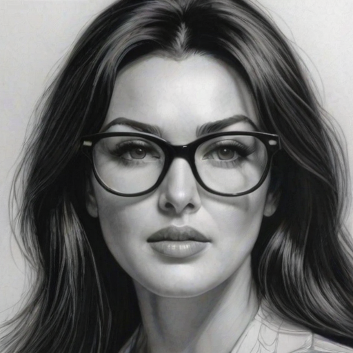Pleasing Monica Bellucci, pencil sketch, portrait of Magnificent woman 1967s in glasses, hair style beatnik, outline, clear lines, fine lines, 8k