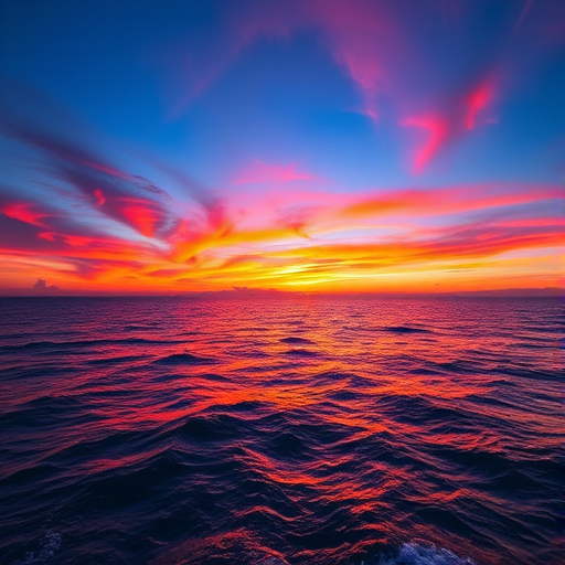 Regenerate the image of a vibrant sunset over a calm ocean, using a DSLR camera, 50mm lens, aperture f/1.8, ISO 200, shutter speed 1/250s, with a wide-angle view and vibrant color enhancement.