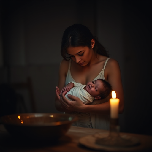 A dimly lit scene of a mother holding a newborn, illuminated softly by a candle, with a rustic table featuring a bowl and dish, captured with a Canon EOS R5, 85mm f/1.2 lens, ISO 100, shutter speed 1/60s, in a soft focus portrait style.