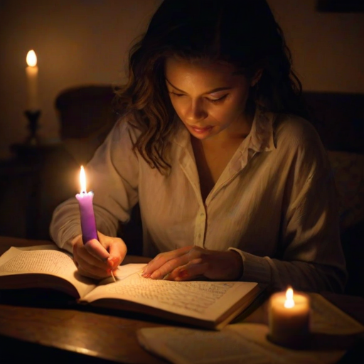 Warmly lit image of a woman writing in a journal by candlelight, soft glow from the candle casting warm shadows on the pages, the smell of fresh ink and lavender filling the air, and a sense of peaceful reflection.