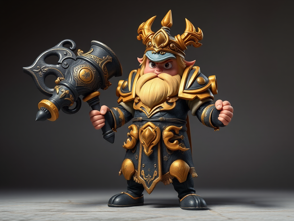 regenerate an animated character wearing ornate stone armor, holding a large black and gold hammer, standing in a heroic pose, camera settings: f/8, ISO 100, shutter speed 1/125s, camera view: full body, camera style: vibrant colors, camera type: digital SLR
