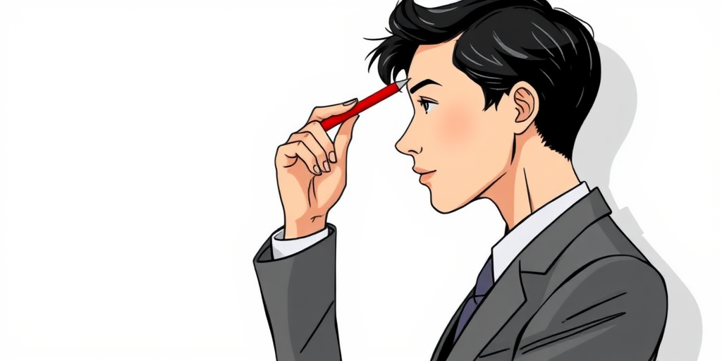 Create an illustration of a person in a gray suit, holding a red pen to their forehead in a thoughtful pose, with a minimalist background and soft shadows; camera settings: f/4, ISO 100, shutter speed 1/125s; camera view: side profile; camera style: illustration; camera type: digital.