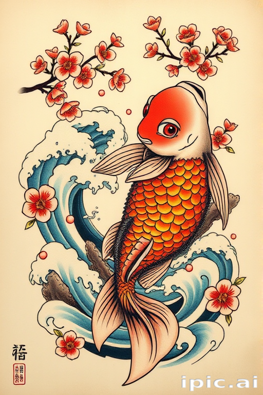 Traditional Japanese irezumi tattoo named "Koi Ascension" featuring a large, colorful koi fish swimming upstream through swirling waves and cherry blossoms, symbolizing perseverance and transformation in a bold and timeless style