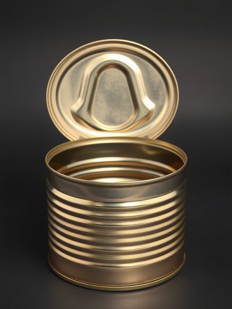 Generate a high-resolution image of an open tin can with a shiny metallic finish, shot in a studio setting with a 50mm lens at f/8, ISO 100, and 1/200 sec shutter speed, using softbox lighting to create even illumination and bring out the texture details.