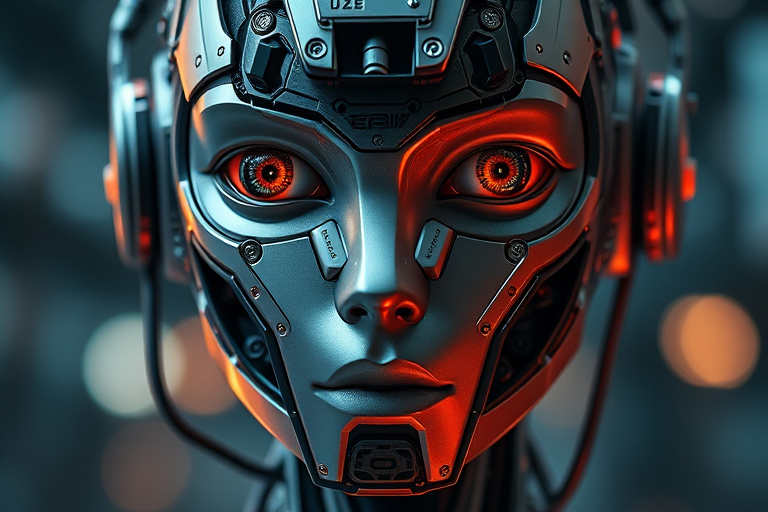 Create an ultra-realistic portrait of a humanoid robot with intricate circuits and metallic elements integrated into its face, focusing on its expressive eyes and a futuristic background with a bokeh effect, using a Canon EOS R5 camera with a 50mm f/1.2 lens at ISO 100, aperture f/1.2, and shutter speed 1/200s.