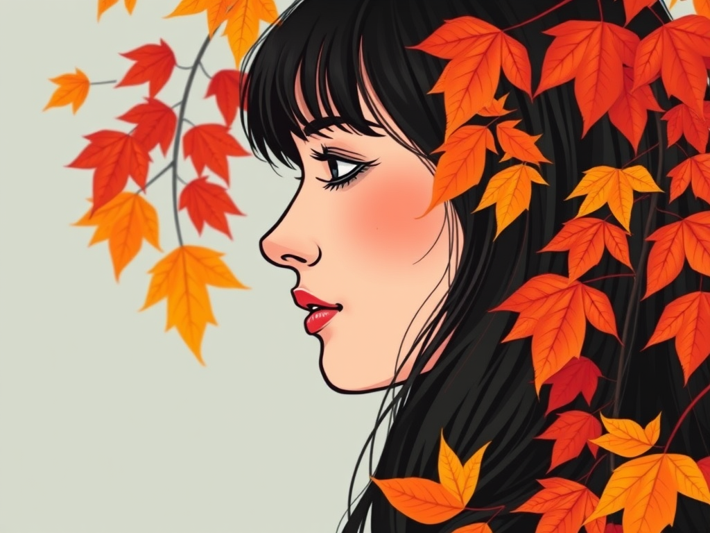 Create a detailed illustration of a woman in profile with dark hair and a calm expression, surrounded by vibrant autumn leaves in shades of orange and red, using a 50mm lens, f/2.8 aperture, 1/125 shutter speed, with a portrait style, on a digital camera.